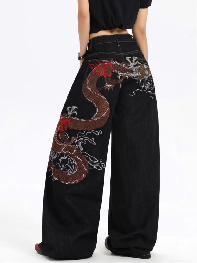 European And American Millennium Asian Cool Style Loose Jeans Traditional Dragon Pattern Embroidered High Waist Wide Leg Pants