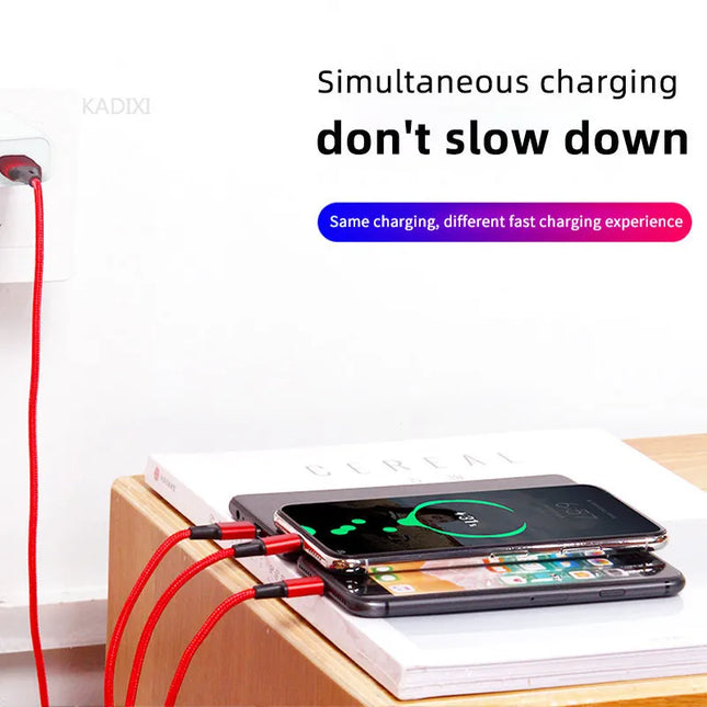 KADIXI 3 In 1 USB Fast Charging Cable USB-C Micro IOS Multi Charger Cable for iPhone Huawei Samsung Nylon Braided - product i
