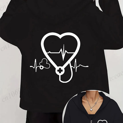 Women's Autumn Winter Hoodies Stethoscope EKG printed zipper Hooded Jackets Nursing Zipper Pocket Sweatshirt Nurse Life Outwear