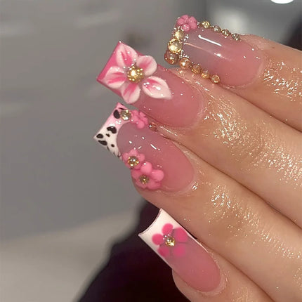 24Pcs Brown Long Coffin False Nails Glitter Ballet Wearable with French Design Fake nails Full Press on Nail Ins Nail Tips Art