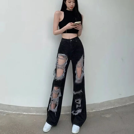 Women Summer Ripped Distressed Jeans Denim Straight Wide LegFloor LengthPants Trousers Long Loose Bottoms Girl Lady FemaleCasual
