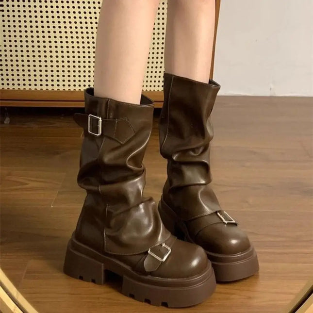 New Design Women Biker Boots Platform Belt Buckle Women's Knee High Booties Harajuku Gladiator Y2K Punk Mid Pipe Booties Girls