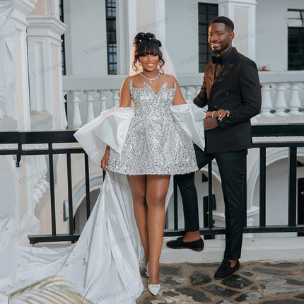 Luxury Short Wedding Dresses for Bride with Cape Corset Crystal Sequins Africa After Party Wedding Reception Dress Customized