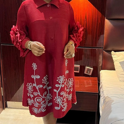 Fashion Print Pleated Dress Women Lapel Floral Sleeves Design Single Breasted A-line Dresses 2024 Summer New
