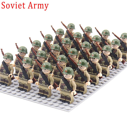WW2 24pcs/Lot Military Soldiers Building Blocks Set Weapons Soviet US UK China France Army Action Figures Bricks Toys Kids Gifts