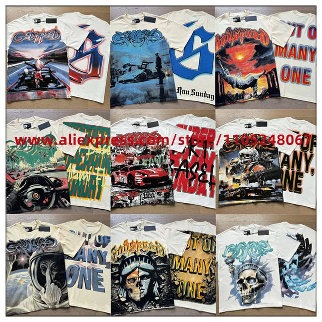 Camiseta de algodón de calidad Godspeed con etiqueta original de calavera urbana, foto real, para hombre y mujer, manga corta, con etiquetas