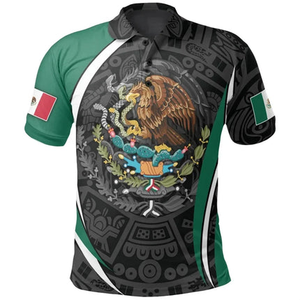 Mexico Flag Map Graphic Polo Shirts For Men Aztec Warrior Eagle 3D Printed Short Sleeves Casual Sport Lapel Tops Oversized Tees