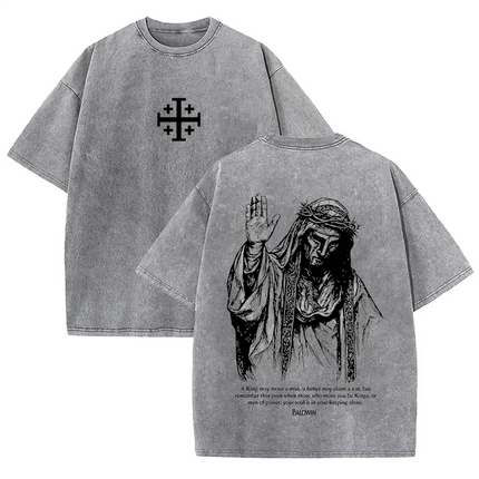2026 Jesus With Crown of Thorns T Shirt Vintage Washed Grey Graphic Tee Unisex Casual Religious Top