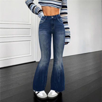 Slimming Micro Flare Pants Polyester Elastic Printed And Embroidered Denim Look Bottoms for Women Elegant Fashionable