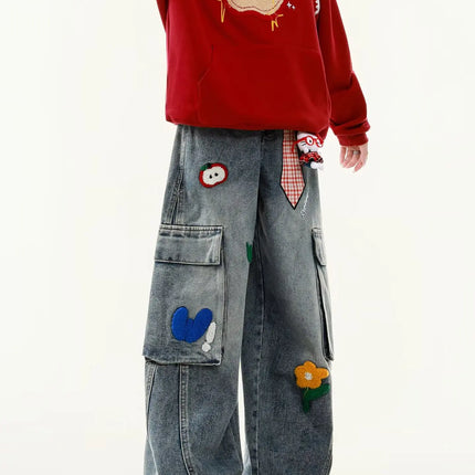 Embroidered Harajuku women's jeans American casual style retro straight leg high street wide leg pants Y2k loose jeans for womem