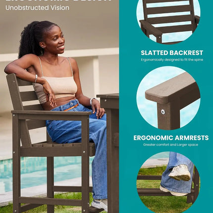 Two Piece Set High Top Patio Adirondack Chairs, Balcony Height Outdoor Barstool Seating Combination with Footrest for Backyard Garden Poolside Bistro Lawn, Coffee