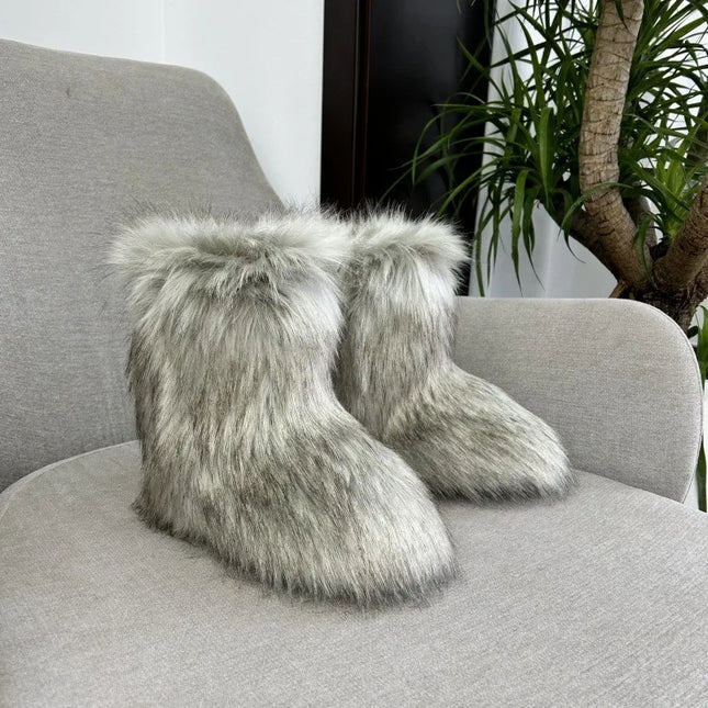 Damen Kunstpelz Flauschige Plüsch Fellstiefel Bequeme Damen Schneestiefel Fellschuhe Outdoor Wadenhohe Stiefel