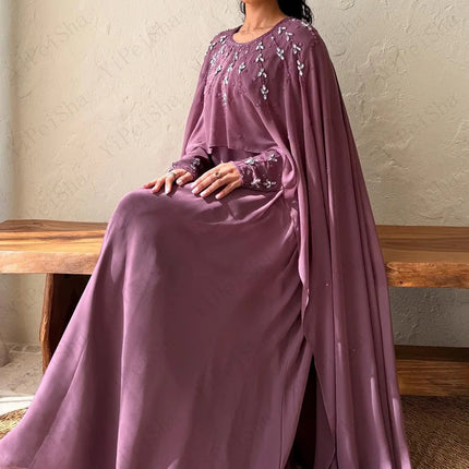 Customized A-Line Prom Dresses Floor-Length O-Neck Full Sleeve Evening Gown Fashion Stole Crystal SImple Draped Party Gown