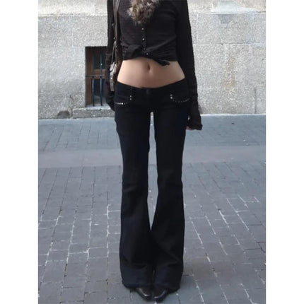 Women's Low Rise Jeans Black Flared Denim Pants Gyaru American Retro Korean Cyber Punk Trumpet Jeans Y2k Skinny Bell Bottom New