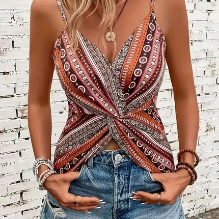 Women's sexy V-neck chain printed front twisted back camisole top, made of polyester fabric with spaghetti pattern