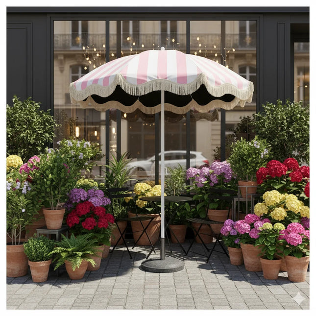 UPF50+ Black Sun Protection Umbrella with Pink-White Stripes And Fringe Portable Outdoor Beach Courtyard Umbrella without Base