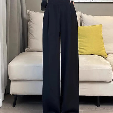 Women Wide Leg Pants Summer High Waist Casual Office Lady Straight Trouser Vintage Comfort Female Pocket All Match Solid Pants