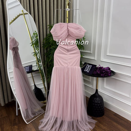 Customized Modern Style Intricate Tulle Pearl Rhinestone Ruched Straight Off-the-shoulder Long Dresses Bespoke Occasion Dresses