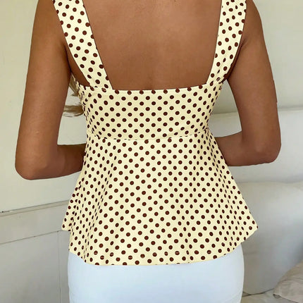 Women's New Marigold Yellow & Brown Polka Dot Cami Top, Ruffle Bow Tie Tank Top with Wide Straps, Suitable for Dating, Vacation,