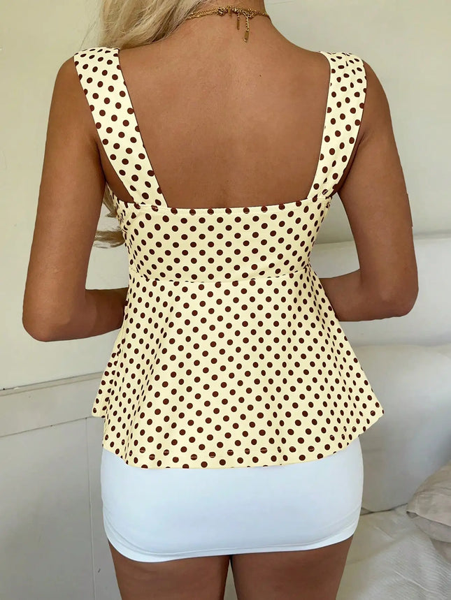 Women's New Marigold Yellow & Brown Polka Dot Cami Top, Ruffle Bow Tie Tank Top with Wide Straps - product image 2