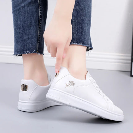 Women Leather Pu Casual Shoes New 2025 Woman Shoes Fashion Embroidered White Sneakers Breathable Flower Lace-Up Women Sneakers