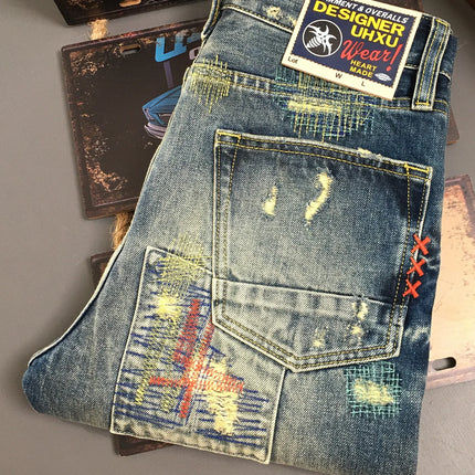 100% Cotton Heavyweight Ripped Patch Jeans for Men Autumn/winter Loose Straight Spliced Denim American Vintage High-street Pants