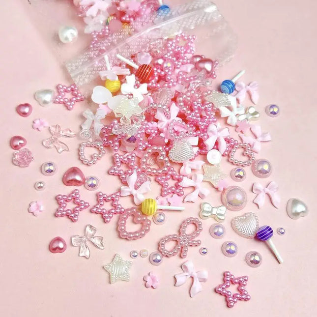 100 unidades/bolsa de bonitos dijes para uñas de lazo, flor, estrella, corazón, mezclados al azar, dulces, huecos, de perlas, accesorios de decoración para uñas.