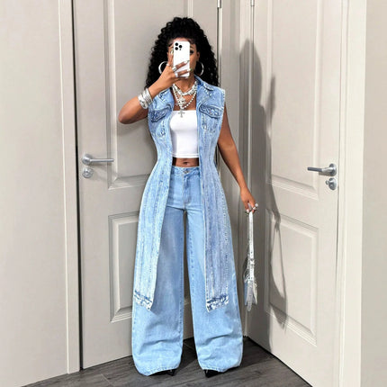 Long Dress Women Denim Dresses A Line Vestidos Y2k Streetwear Turn Down Collar Sleeveless Elegant Splice Party Night Work 2026