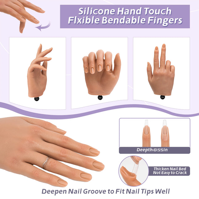 Mano de práctica para uñas acrílicas, mano de entrenamiento de silicona realista con dedos flexibles, kit profesional para esmalte en gel y manicura