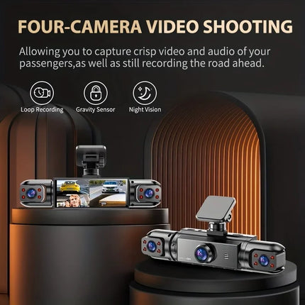 BCUOZ 4-Lens 360° Dashcam 1080P Front 720P Rear Left Right Car Cameras Super Night Vision Loop Recording G-Sensor WDR 12-24V Plug Power Supply Optional 64GB Memory Card