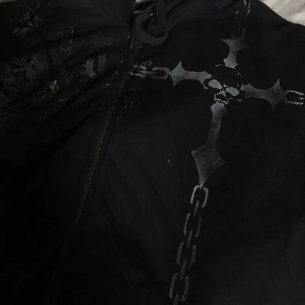 Harajuku Black Hoodie Fashion Street Gothic Skull Oversize Zipper Hoodie Men Women Hip Hop Casual Sweatshirt Personality Hoodie