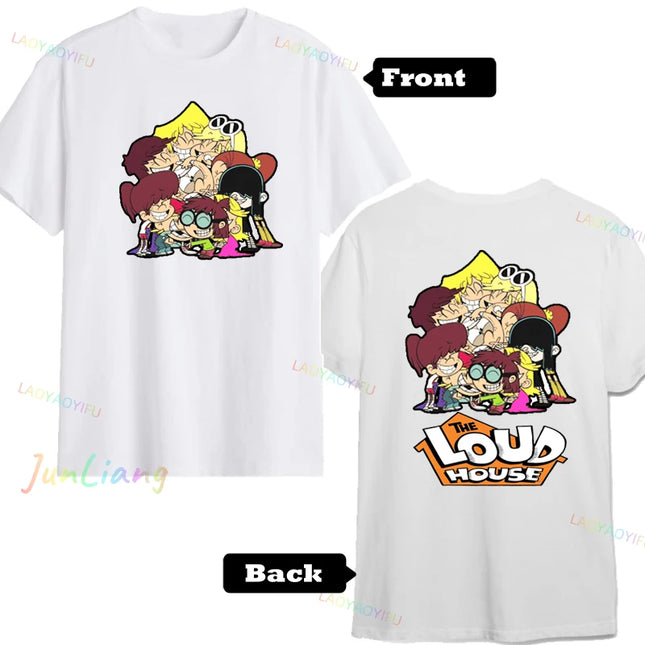 Camiseta de manga corta con estampado de dibujos animados japoneses de Loud House, estilo Kawaii Funko Harajuku, divertida y moderna.