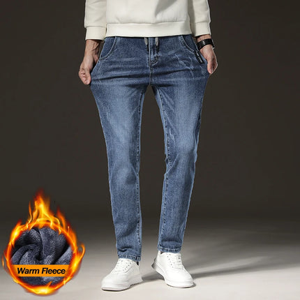 Warm Winter Jeans Men's Fleece Light Blue Slim Straight Denim Pants High Quality Thicken Velvet Elastic Comfort Casual Trousers