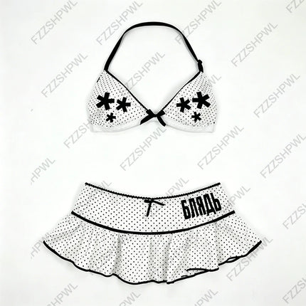 Y2K Grunge Summer Beachwear Swimwear two piece bikini Women Gothic Cross Polka Dot 2P Bikini Set Halter Top Ruffle Skirt Bottom
