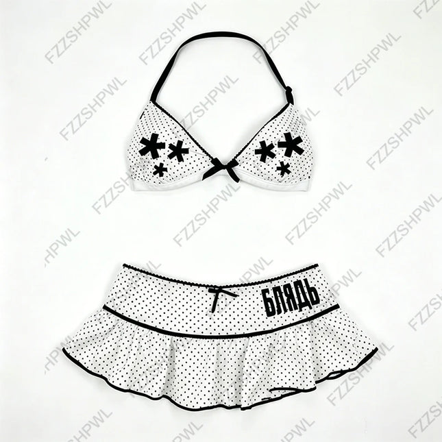 Y2K Grunge Sommer Bademode Zweiteiliger Bikini Damen Gothic Kreuz Polka Dot 2P Bikini Set Neckholder Top Rüschenrock Unterteil
