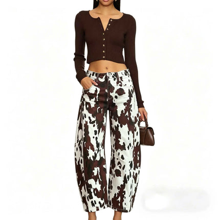 High Waist Cow Print Curved Knife Jeans Slimming Versatile Cow Patterned Stretch Denim Trousers for Women