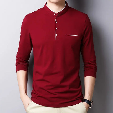 2025 Men's Business Casual Three Button Stand Up Collar Long Sleeved T-shirt Korean Style Comfortable Versatile Top