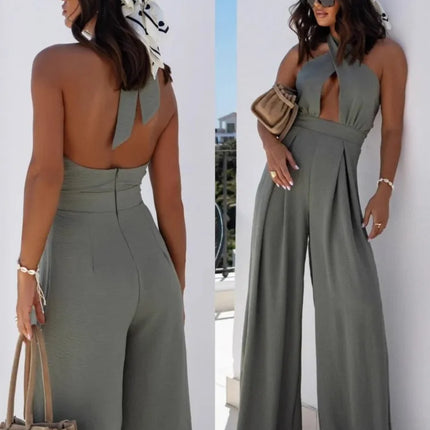 Sexy Backless Halter Neck Sleeveless Bandage Jumpsuit Summer Women Fashion Red Black Hollow Out Wide Leg Jumpsuits Streetwear