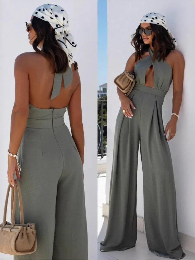 Sexy rückenfreier Neckholder-Overall ärmelloser Bandage-Jumpsuit Sommer Damen Mode Rot Schwarz Hohl Weites Bein Jumpsuits Streetwear