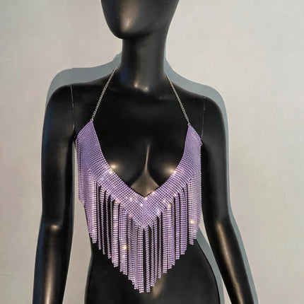 Bling Rhinestones Tassel Party Crop Top Woman Fashion Halter Neck Backless Design Full Diamond Sequins Nightclub Clubwear
