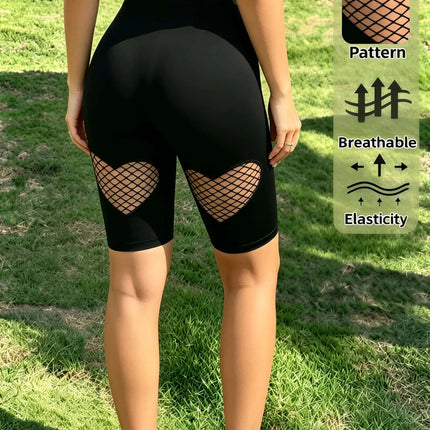 Women's High Waist Heart Fishnet Hollow Out Shorts High Elastic Breathable Black Shorts for Daily Club