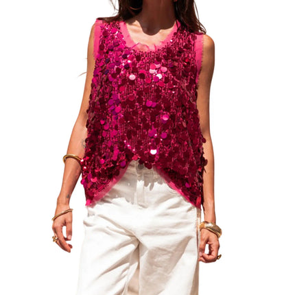 Y2K Women's Summer Shiny Sequins Vest Sleeveless Round Neck Fashionable Party Tank Tops