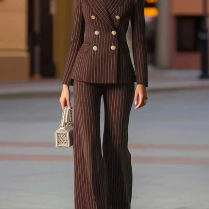 Fashion Autumn Winter Ladies Pant Suit Women Striped Female Business Work Wear Jacket Blazer and Trouser Formal 2 Piece Set