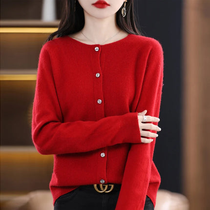 Spring and autumn new women's 100% wool knitted cardigan coat loose O-neck sweater coat fashion solid color coat