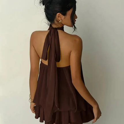 Women Halter Neck Backless Tie Mini Dress Summer Sleeveless Chiffon Ruffle Short Dresses Sexy Club Party Beach Vacation Outfit
