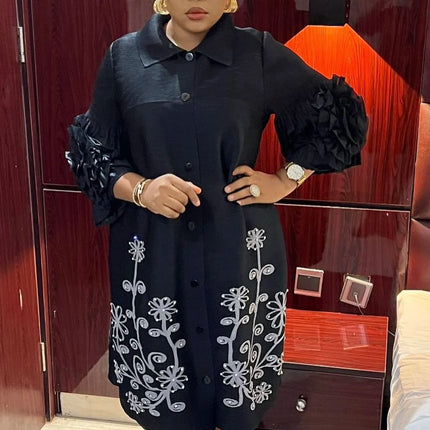 Fashion Print Pleated Dress Women Lapel Floral Sleeves Design Single Breasted A-line Dresses 2024 Summer New