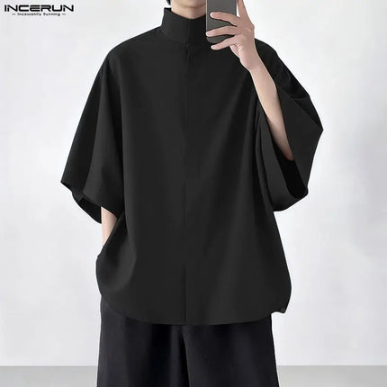 INCERUN Men Shirt Solid Stand Collar Short Sleeve Men Clothing Loose Korean Style Streetwear Fashion Casual Tops Male Shirts