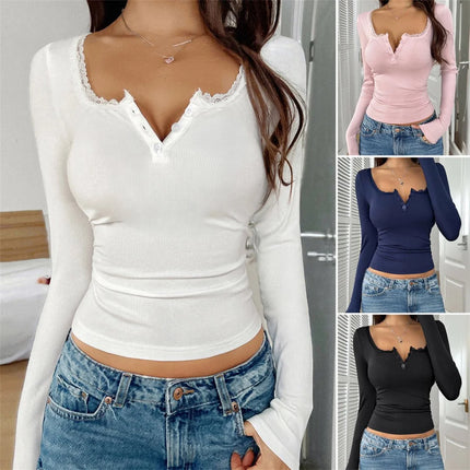 Y2K Lace Button Tops Autumn Spring Long Sleeve Solid T-shirts Slim Sexy Basic Pullover Shirt Casual Street