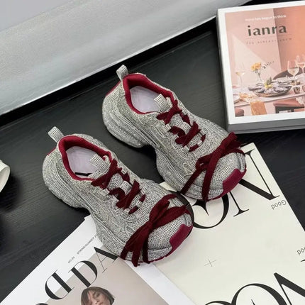 Women's 2025 Spring Autumn New Full Rhinestone Dad Sneakers Thick Sole Fashion Casual Sports Shoes