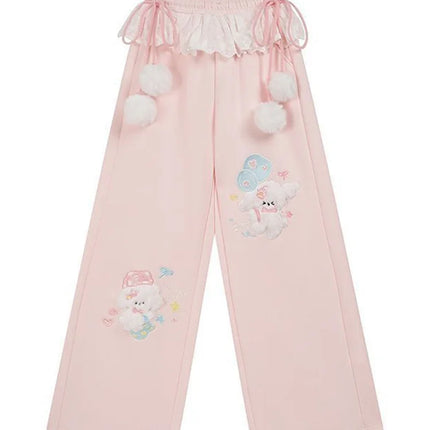 Cute Cartoon Wide Leg Pant Women Lace Patchwork High Waist Sweet Trousers Vintage Japan Preppy Style Fall Winter Kawaii Pants